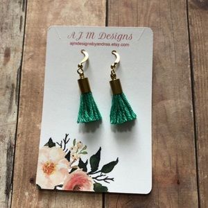 Handmade emerald green mini tassel earrings